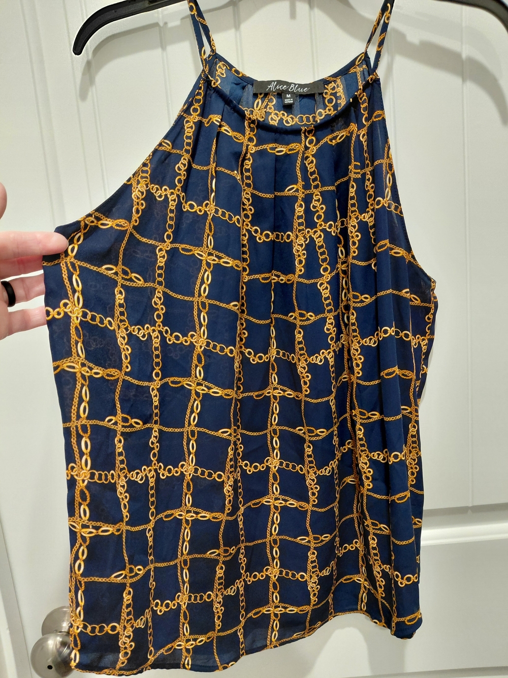Alice Blue Navy & Gold Chain-Grid Halter Shell #0942